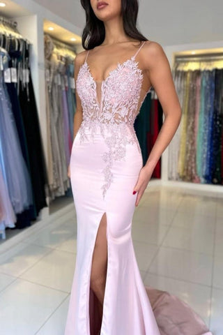 Superbe robe de bal en satin à col en V et dentelle, sans manches, avec fente sur le devant