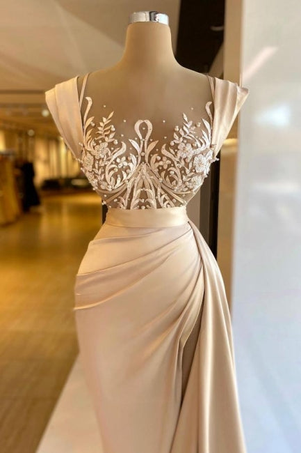 Impresionante vestido de fiesta columna de satén sin mangas con encaje y perlas
