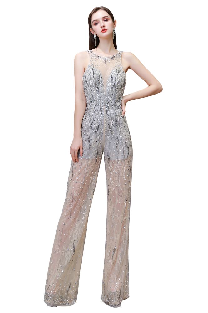 Impresionante mono de fiesta transparente de cuello alto con ilusión óptica, sin mangas, ideal para graduación.
