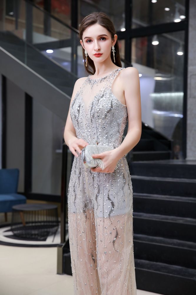 Impresionante mono de fiesta transparente de cuello alto con ilusión óptica, sin mangas, ideal para graduación.