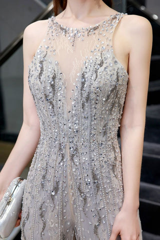 Combinaison de soirée transparente à col montant effet incroyable, sans manches, idéale pour les bals de fin d'année.