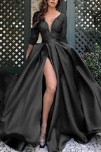 Impresionante vestido de fiesta de encaje con abertura larga y mangas 3/4 en oferta.