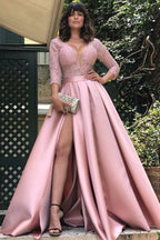 Impresionante vestido de fiesta de encaje con abertura larga y mangas 3/4 en oferta.