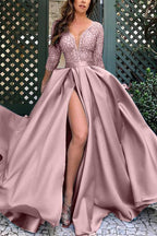 Impresionante vestido de fiesta de encaje con abertura larga y mangas 3/4 en oferta.