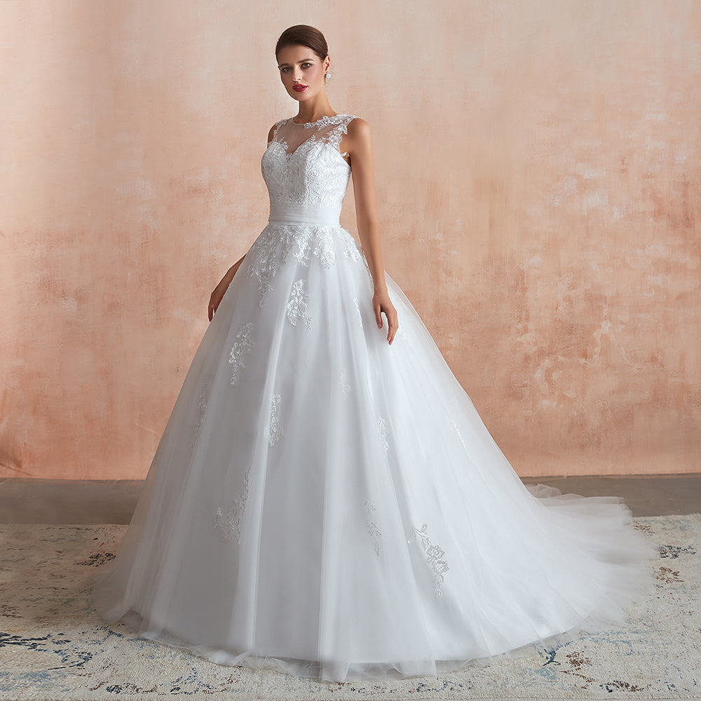 Impresionante vestido de novia largo de corte A con apliques de encaje y tul