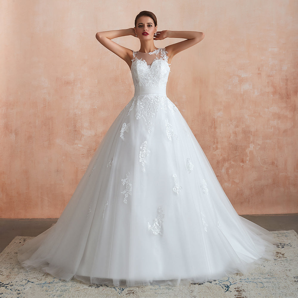 Impresionante vestido de novia largo de corte A con apliques de encaje y tul