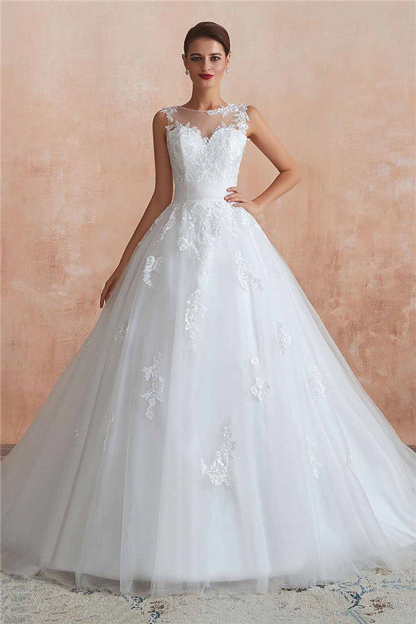 Impresionante vestido de novia largo de corte A con apliques de encaje y tul