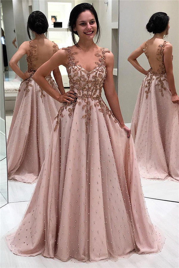 Impresionante vestido de noche formal largo de corte A con espalda descubierta y bordado con cuentas