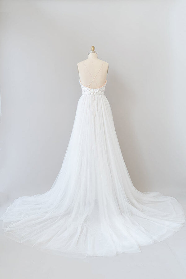 Impresionante vestido de novia largo de corte A con cola de capilla, apliques, tul y espalda descubierta