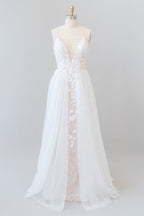 Impresionante vestido de novia largo de corte A con cola de capilla, apliques, tul y espalda descubierta