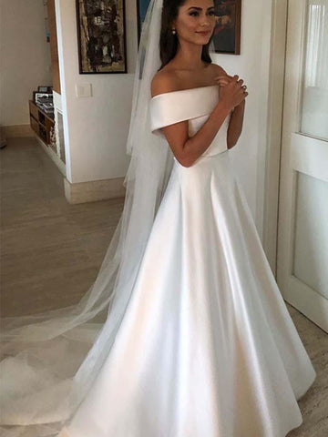 Impresionantes vestidos de novia largos de satén con corte en A, hombros descubiertos y botones forrados