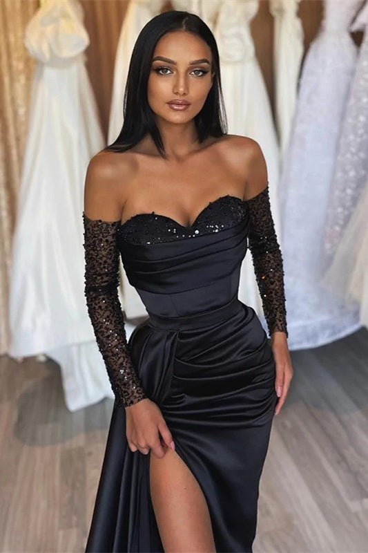 Impresionantes vestidos largos de noche negros de sirena con abertura frontal y lentejuelas