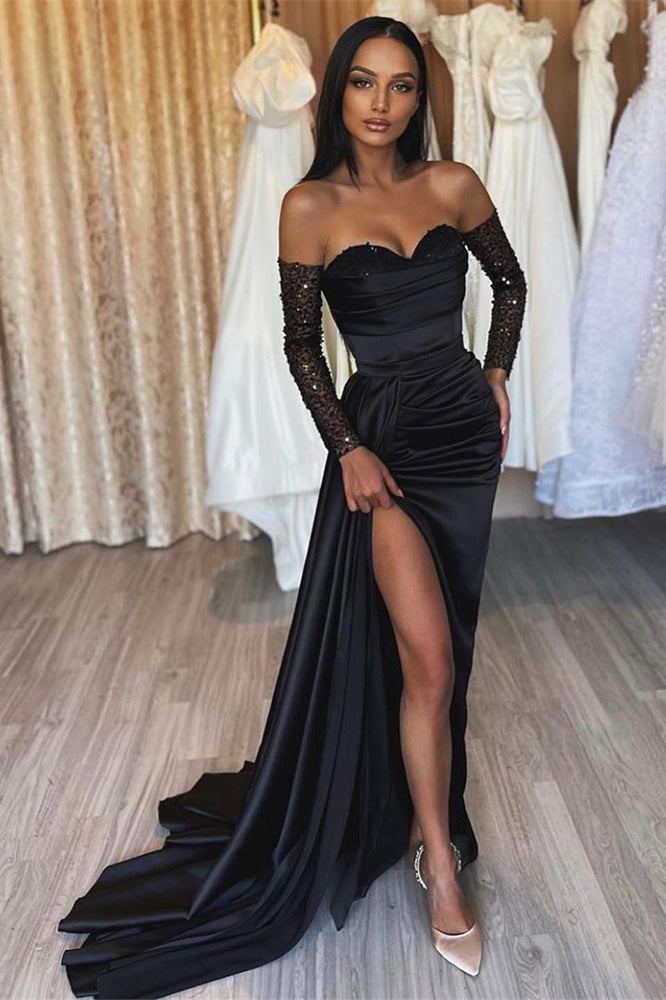 Impresionantes vestidos largos de noche negros de sirena con abertura frontal y lentejuelas