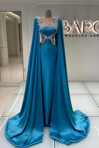 Impresionante vestido largo de fiesta azul satinado con pedrería, vestido de noche de diseñador