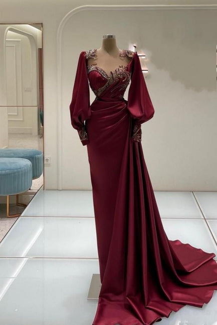 Impresionantes vestidos de fiesta largos de sirena color burdeos con encaje y cuentas, mangas largas