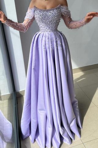 Superbe robe de bal longue lilas trapèze à épaules dénudées avec strass et perles en satin