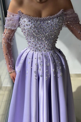 Superbe robe de bal longue lilas trapèze à épaules dénudées avec strass et perles en satin
