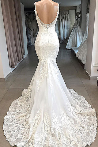 Impresionante vestido de novia largo de sirena con apliques, tul y espalda descubierta