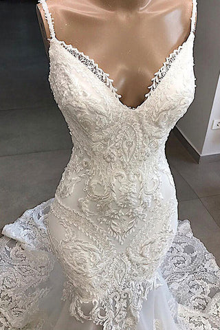 Impresionante vestido de novia largo de sirena con apliques, tul y espalda descubierta