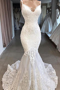 Impresionante vestido de novia largo de sirena con apliques, tul y espalda descubierta
