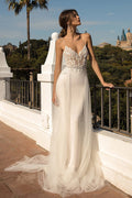 Impresionante vestido de novia largo de sirena con cola de capilla, tul y espalda descubierta