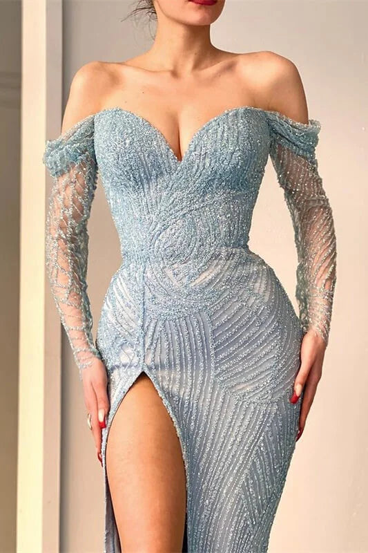 Impresionante vestido de fiesta largo de sirena con hombros descubiertos, abertura, encaje, lentejuelas y mangas largas.