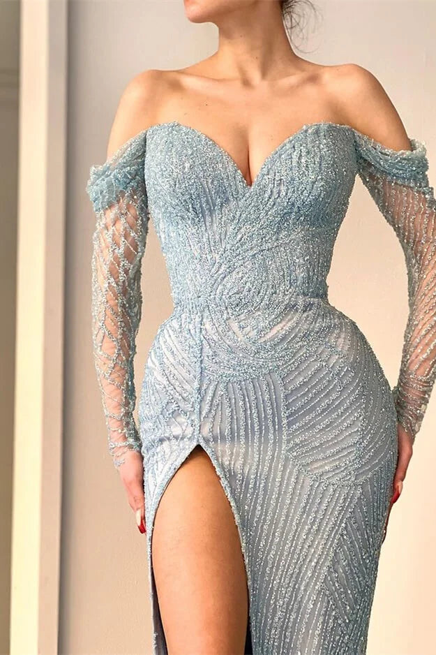 Impresionante vestido de fiesta largo de sirena con hombros descubiertos, abertura, encaje, lentejuelas y mangas largas.