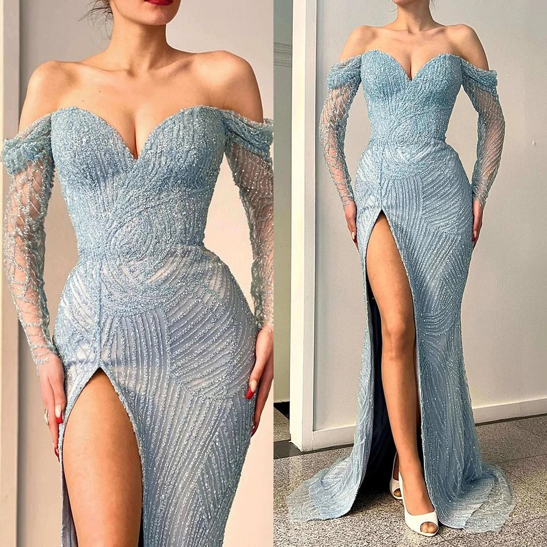 Impresionante vestido de fiesta largo de sirena con hombros descubiertos, abertura, encaje, lentejuelas y mangas largas.