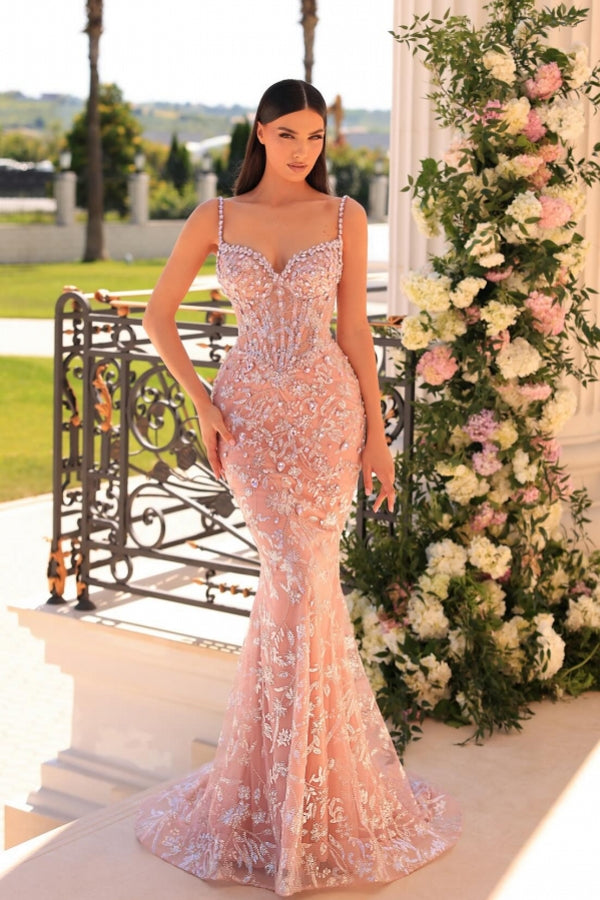 Impresionante vestido de fiesta largo de sirena con tirantes finos, encaje, cuentas y sin mangas
