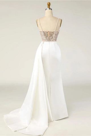 Magnifique robe de bal longue sirène bustier en satin ornée de sequins et de perles