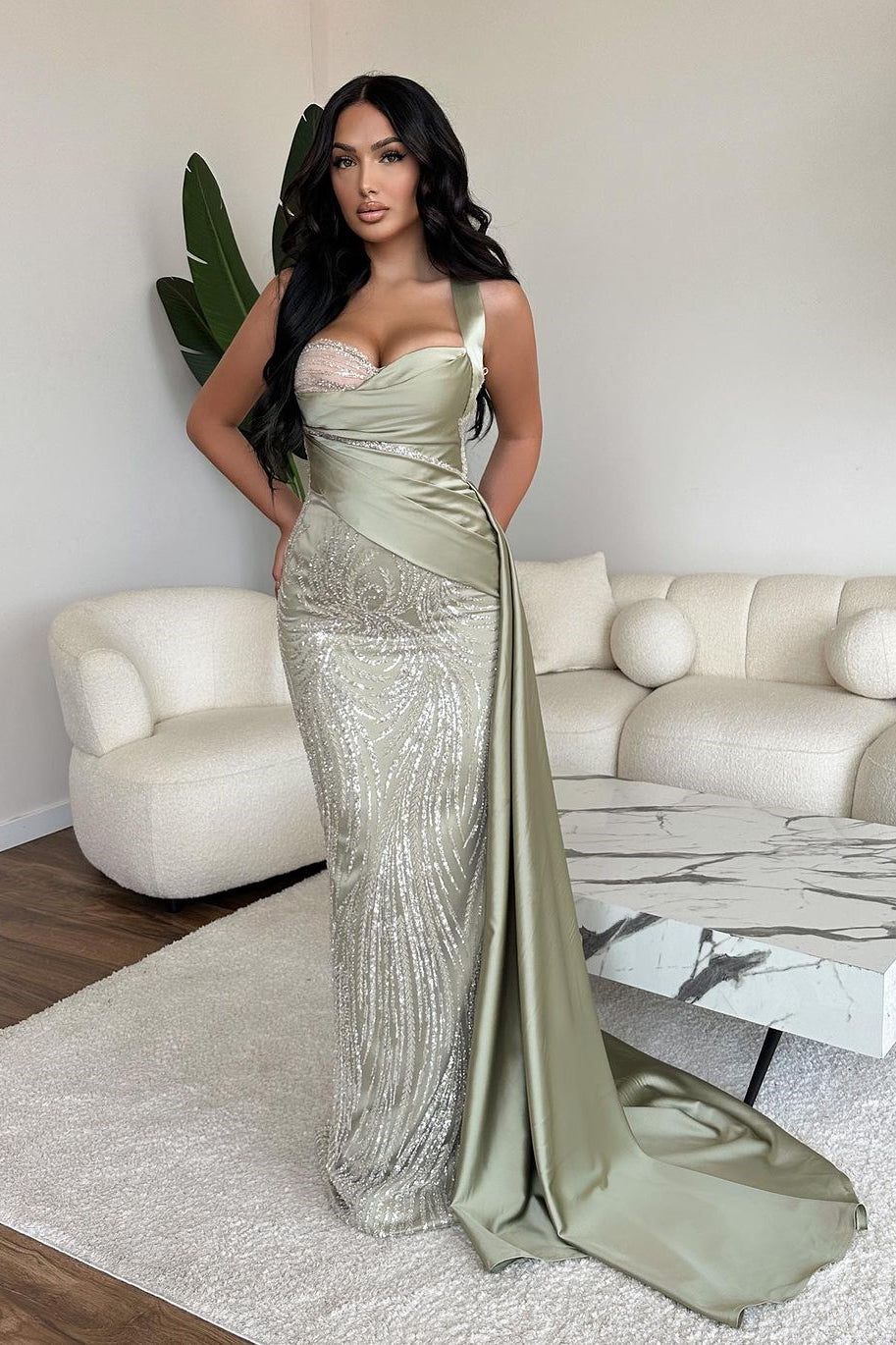 Impresionante vestido de fiesta sin mangas con tirantes largos de sirena, encaje, lentejuelas y pedrería