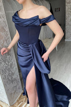 Superbe robe de bal sirène longue bleu marine à épaules dénudées et fente