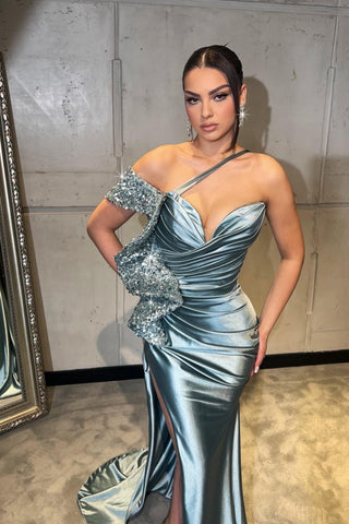 Superbe robe de bal sirène longue rouge à une épaule et paillettes avec fente