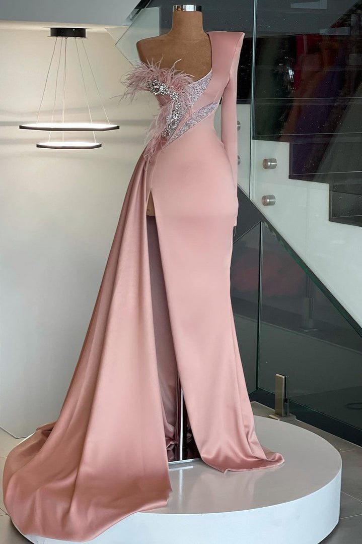 Magnifique robe de bal sirène asymétrique à manches longues et fente longue