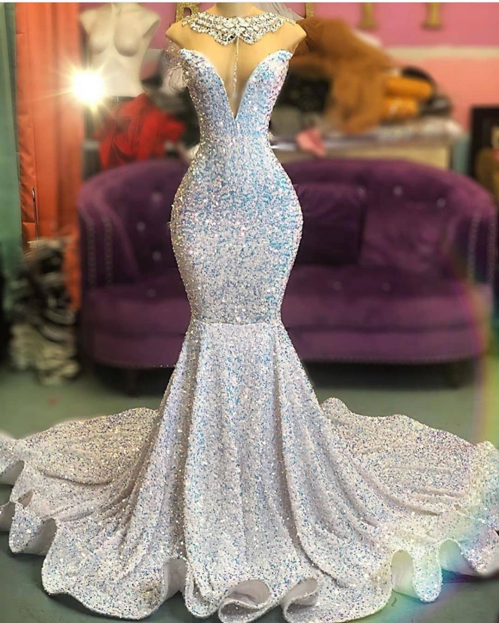 Impresionante vestido largo de sirena para baile de noche con lentejuelas, ¡en oferta!