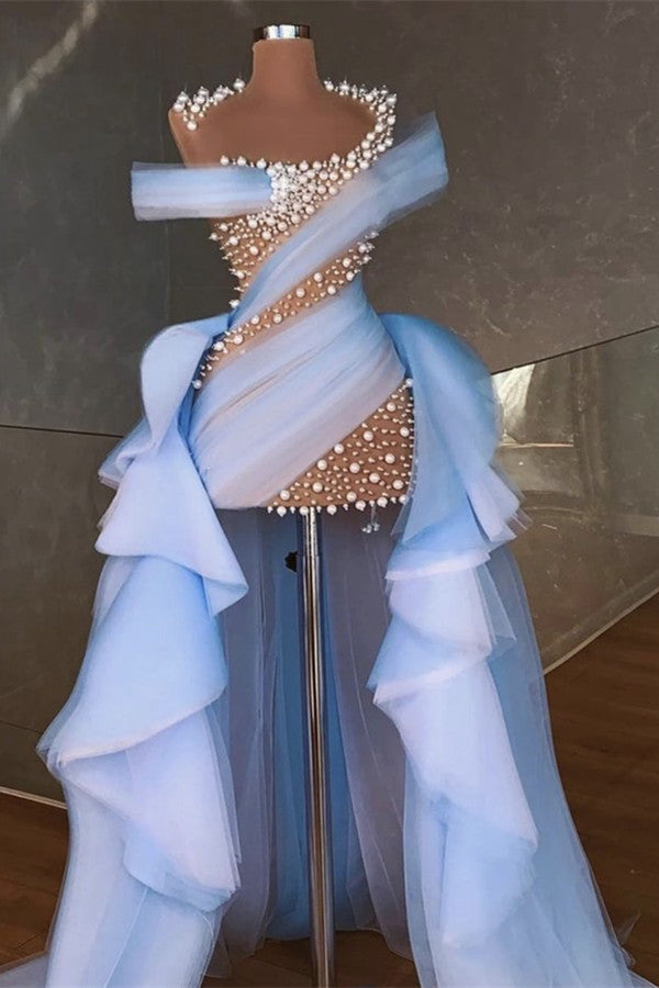 Impresionante vestido de sirena para baile de graduación, de tul con perlas, corte asimétrico