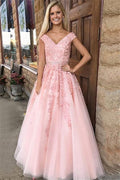 Magnifiques robes de bal roses à épaules dénudées, robes de soirée sans manches ornées d'appliqués de cristaux et ceinture