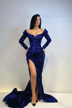 Robes de bal sirène à sequins magnifiques, robes de bal fendues à manches longues