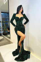 Robes de bal sirène à sequins magnifiques, robes de bal fendues à manches longues