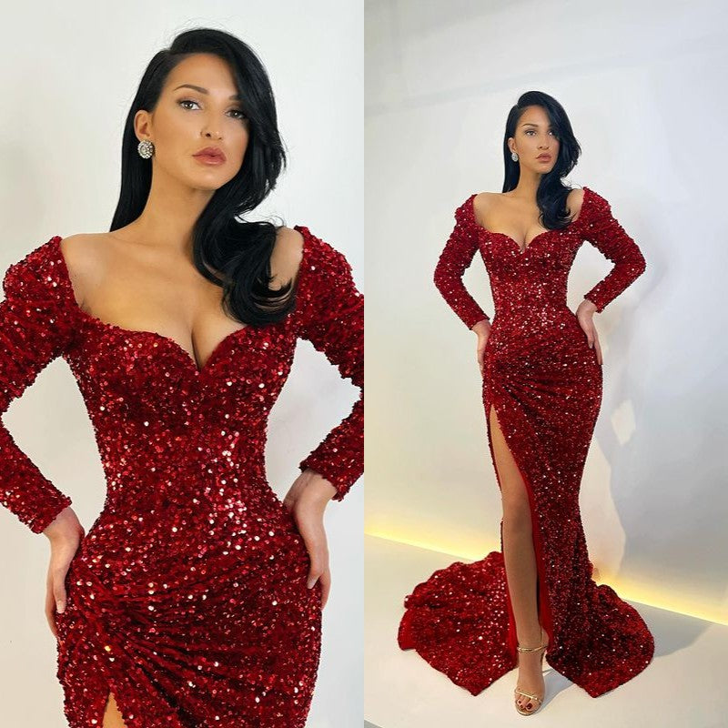Robes de bal sirène à sequins magnifiques, robes de bal fendues à manches longues