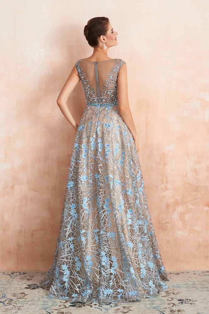Impresionante vestido de noche sin mangas, corte A, estilo swing, con estampado floral, ideal para bodas y fiestas.