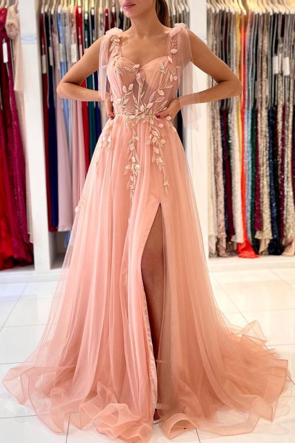 Magnifique robe de soirée longue en tulle à bretelles et fente décolletée en cœur