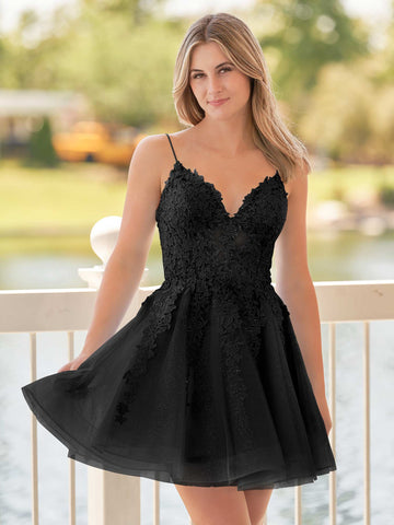 A-Line Spaghetti-Straps Sky Blue Lace Homecoming Dress With Appliques