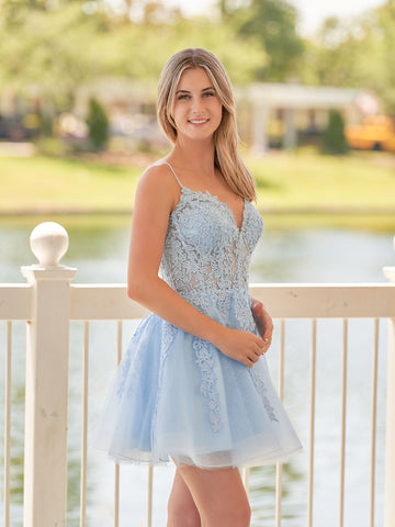 A-Line Spaghetti-Straps Sky Blue Lace Homecoming Dress With Appliques