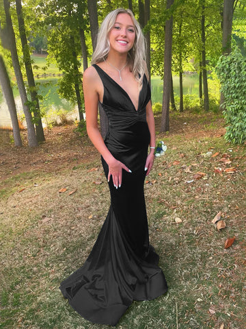 Anwea | Vestido de fiesta sirena azul satinado con escote pronunciado 