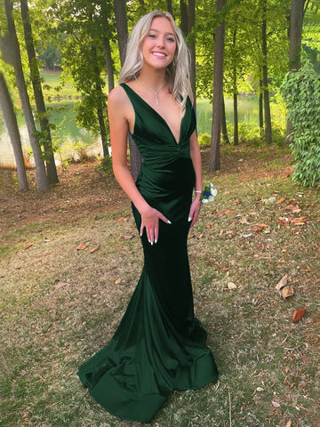 Anwea | Vestido de fiesta sirena azul satinado con escote pronunciado 