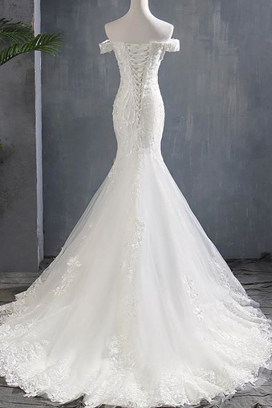 Vestidos de novia elegantes de sirena con hombros descubiertos y apliques, con cordones 