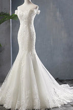 Vestidos de novia elegantes de sirena con hombros descubiertos y apliques, con cordones 