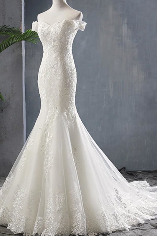 Vestidos de novia elegantes de sirena con hombros descubiertos y apliques, con cordones 