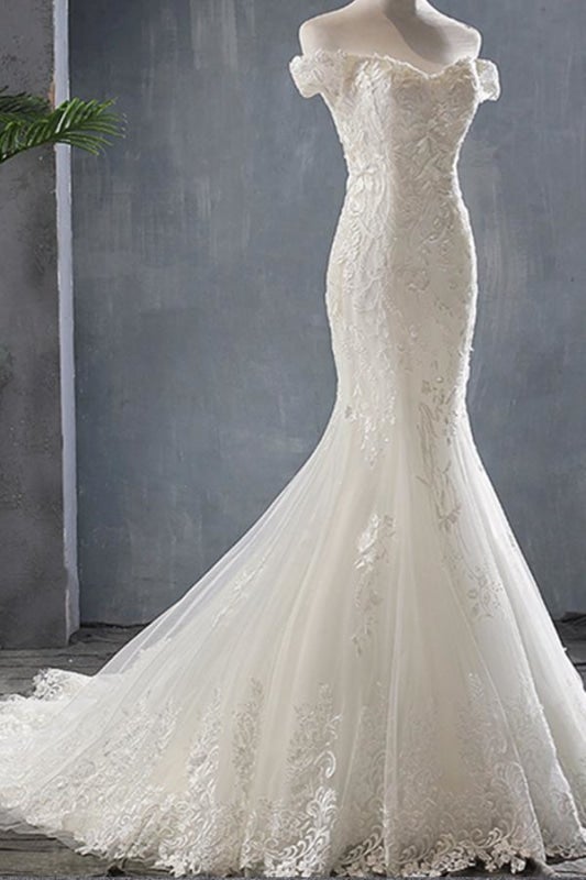 Vestidos de novia elegantes de sirena con hombros descubiertos y apliques, con cordones 